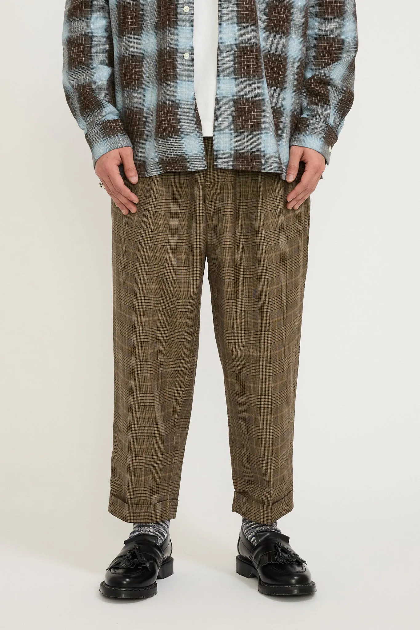 2 Pleats Tapered TW Twill Plaid Pant Light Brown