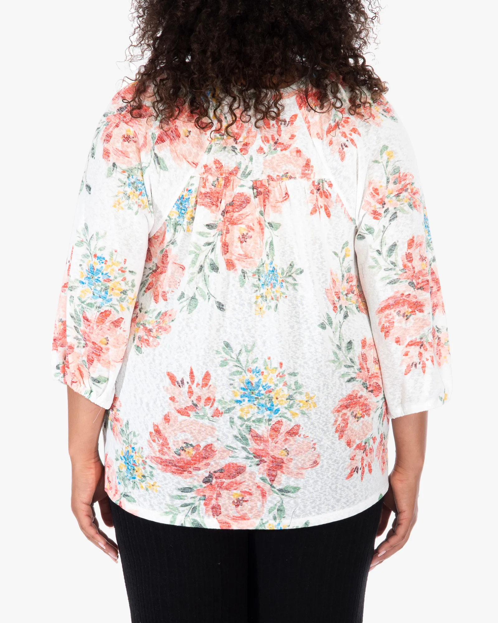 Anna Floral-Print Three-Quarter-Sleeve Blouse | Ivory / Pink