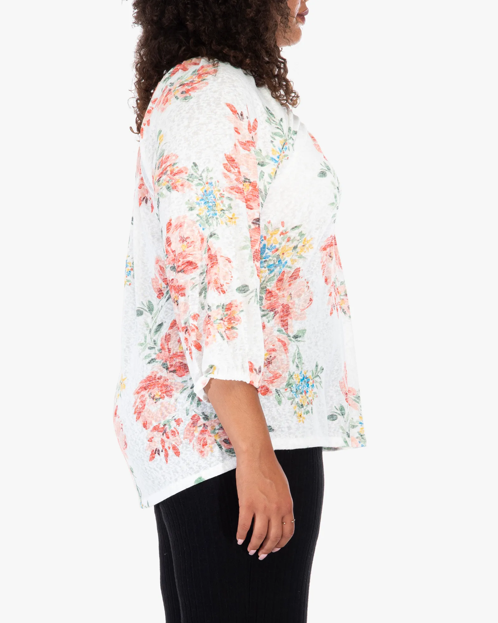 Anna Floral-Print Three-Quarter-Sleeve Blouse | Ivory / Pink
