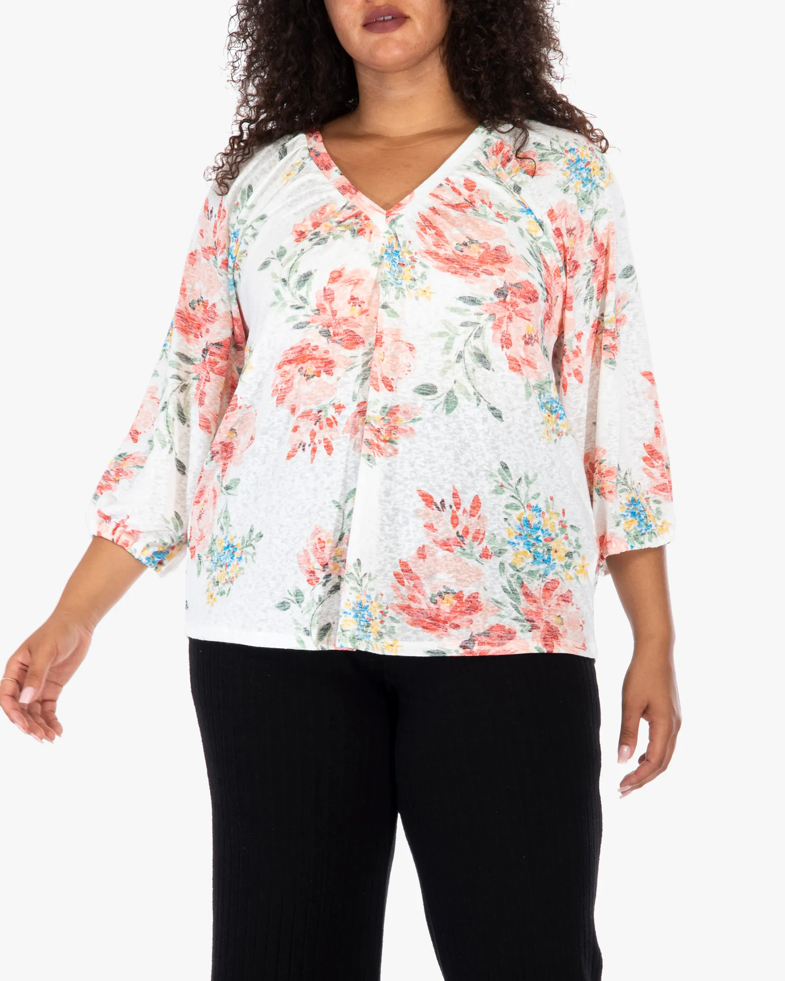 Anna Floral-Print Three-Quarter-Sleeve Blouse | Ivory / Pink