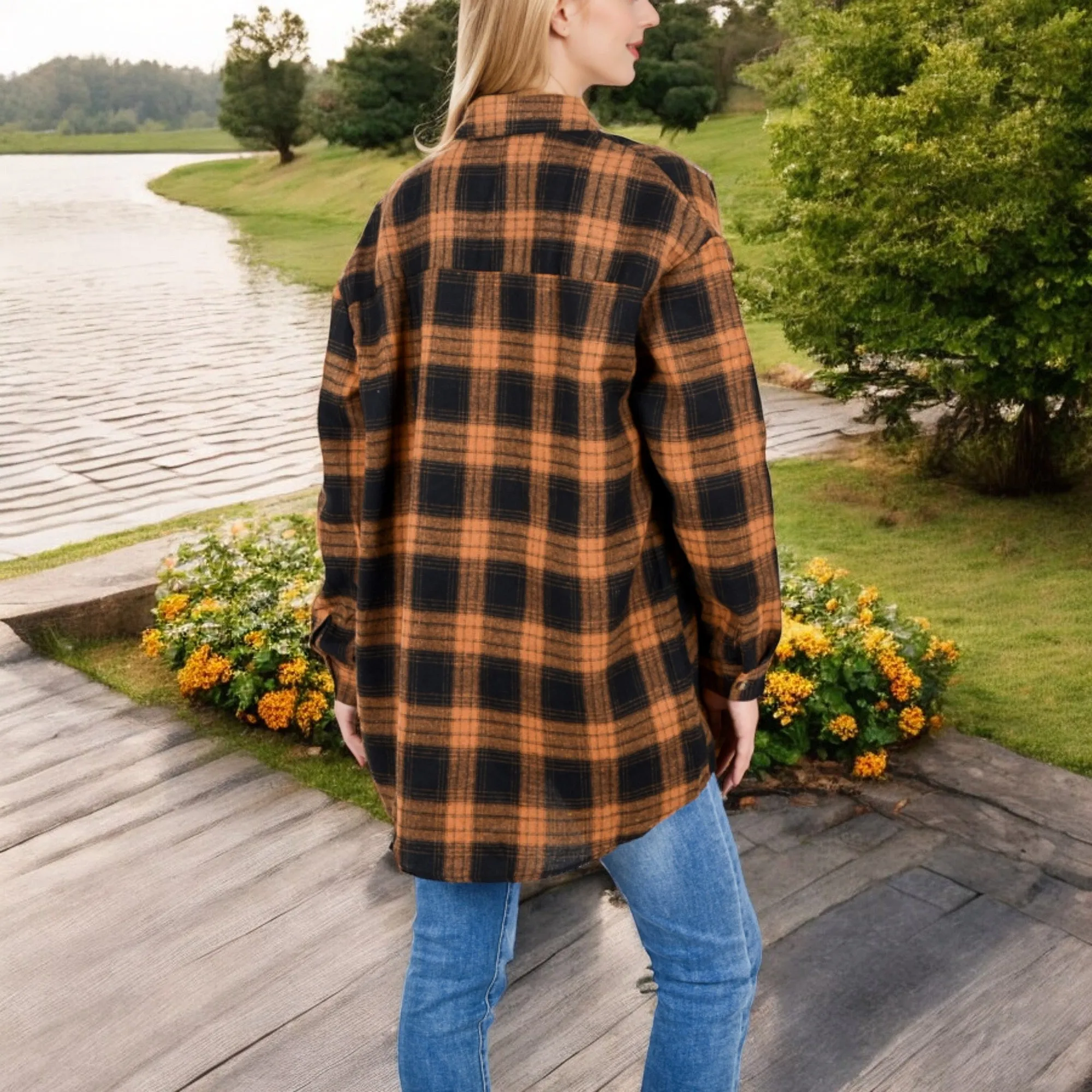 Anna-Kaci Women's Long Sleeve Plaid Button-Up Shirt Jacket with Collared Neckline