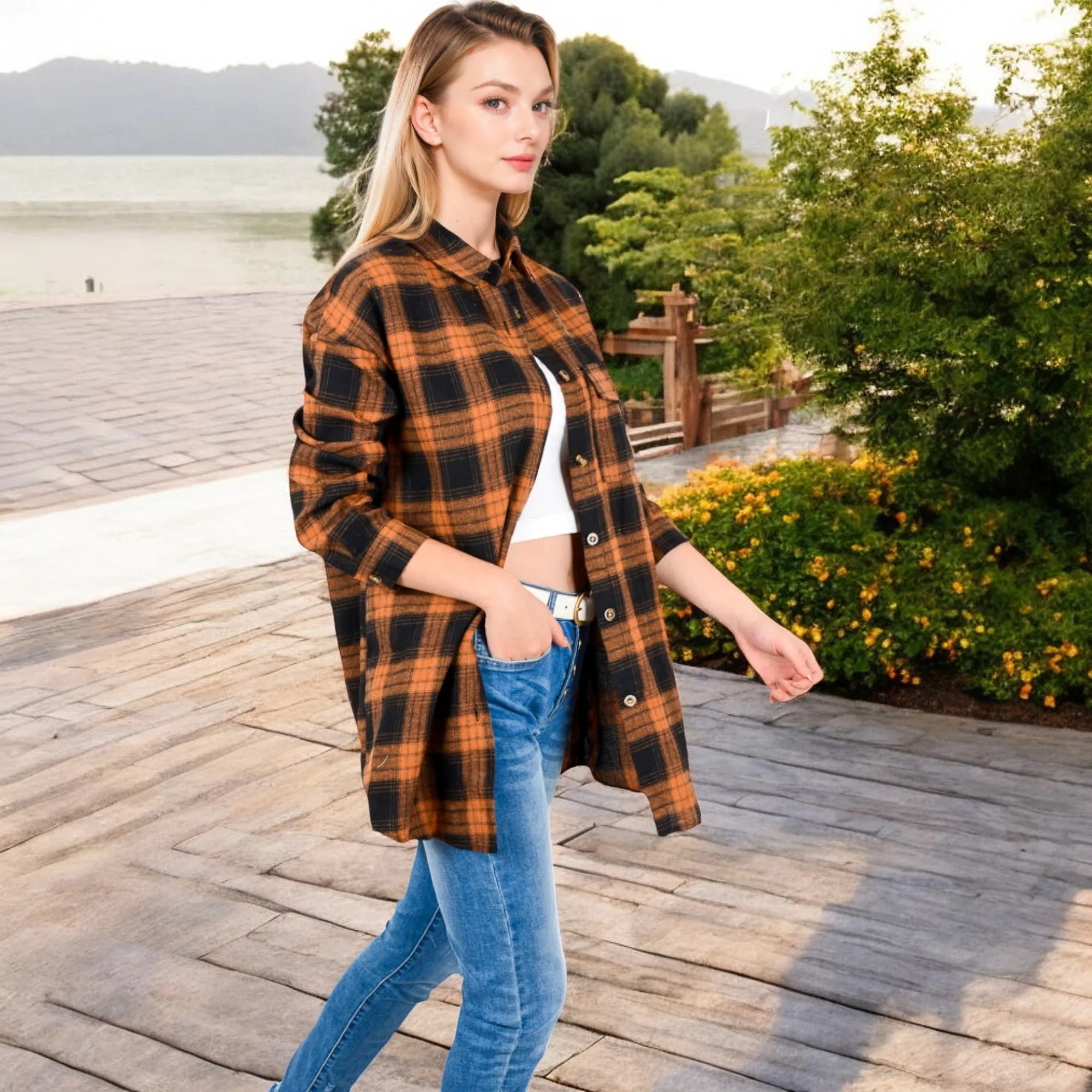 Anna-Kaci Women's Long Sleeve Plaid Button-Up Shirt Jacket with Collared Neckline