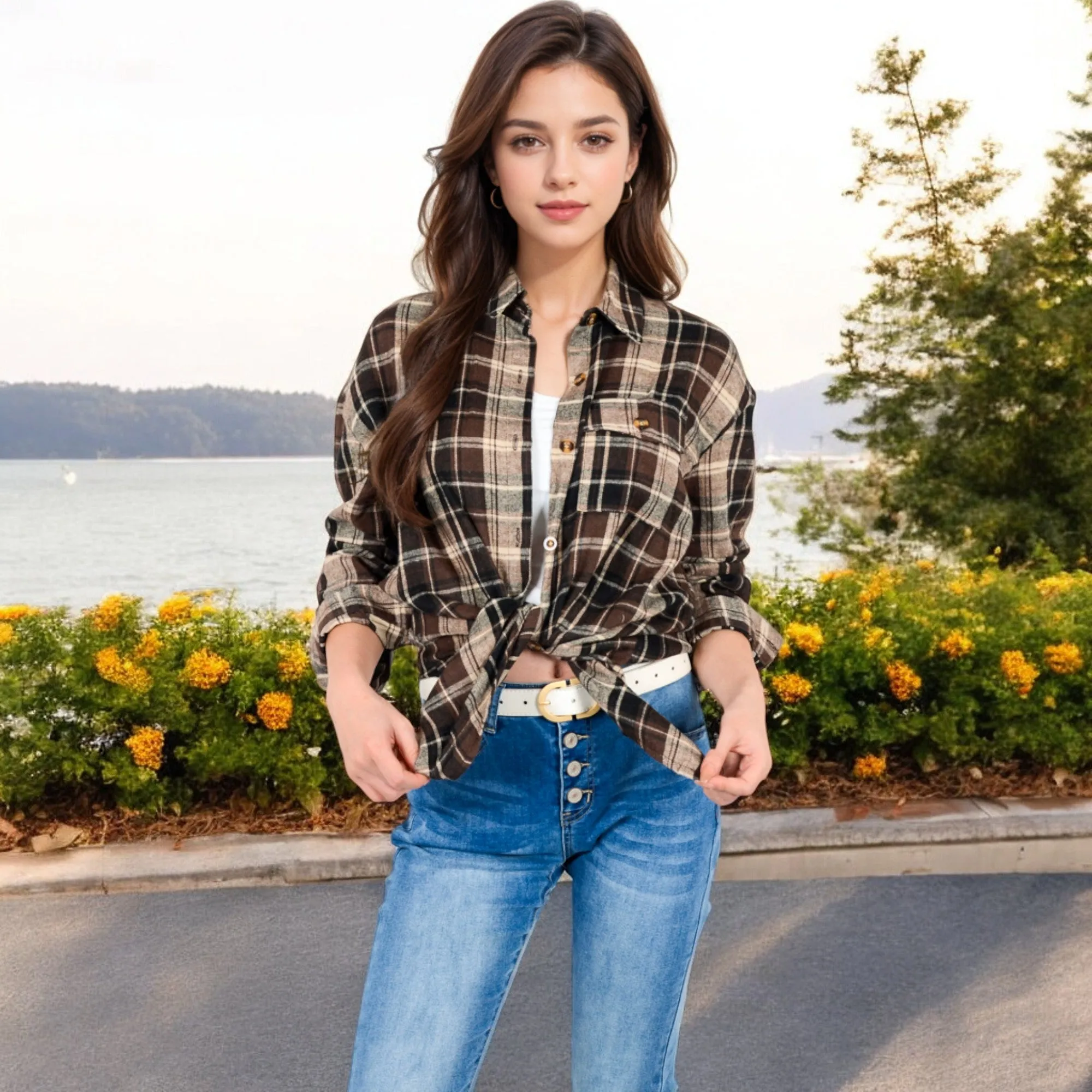 Anna-Kaci Women's Long Sleeve Plaid Button-Up Shirt Jacket with Collared Neckline