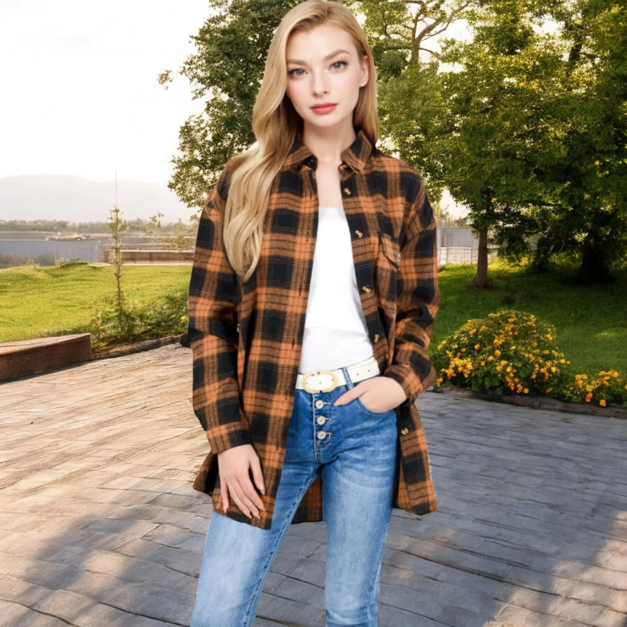 Anna-Kaci Women's Long Sleeve Plaid Button-Up Shirt Jacket with Collared Neckline