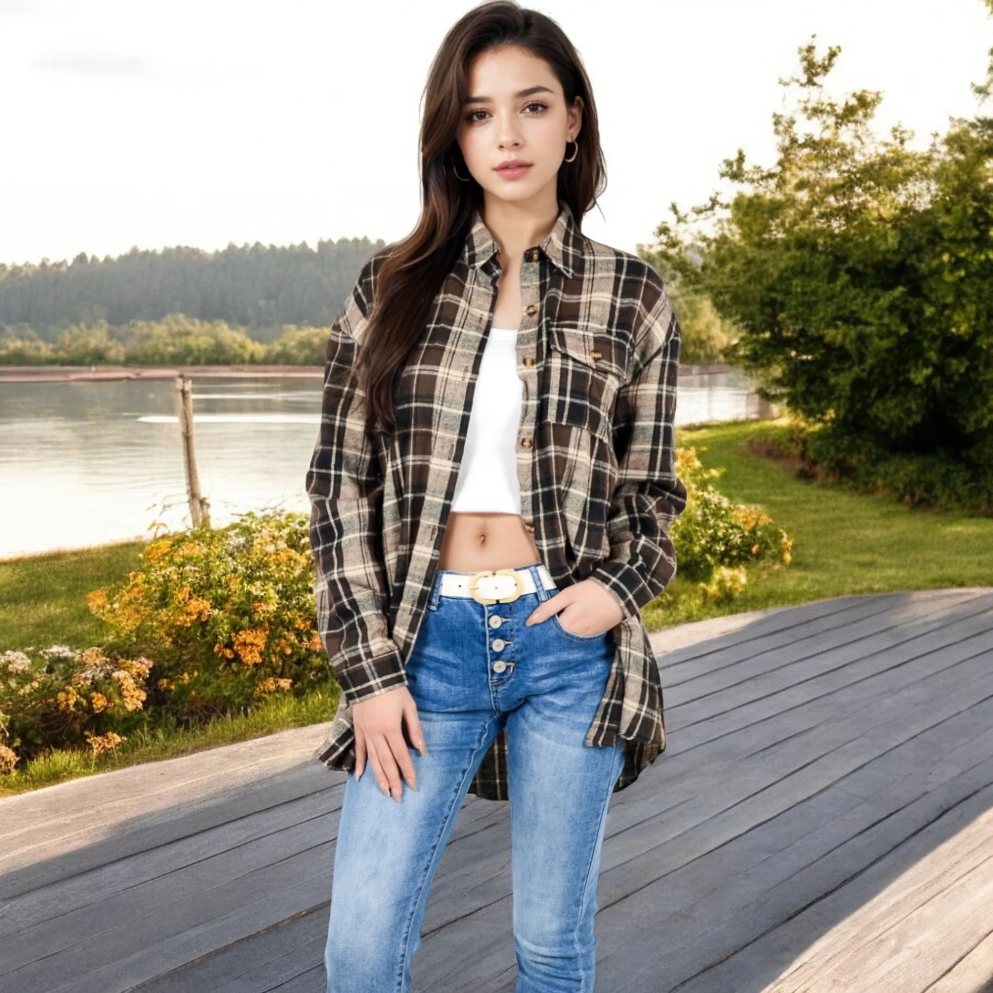 Anna-Kaci Women's Long Sleeve Plaid Button-Up Shirt Jacket with Collared Neckline