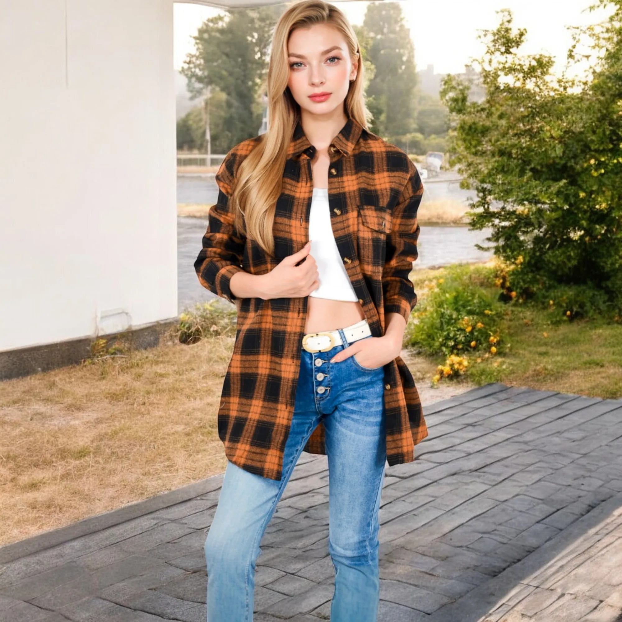 Anna-Kaci Women's Long Sleeve Plaid Button-Up Shirt Jacket with Collared Neckline