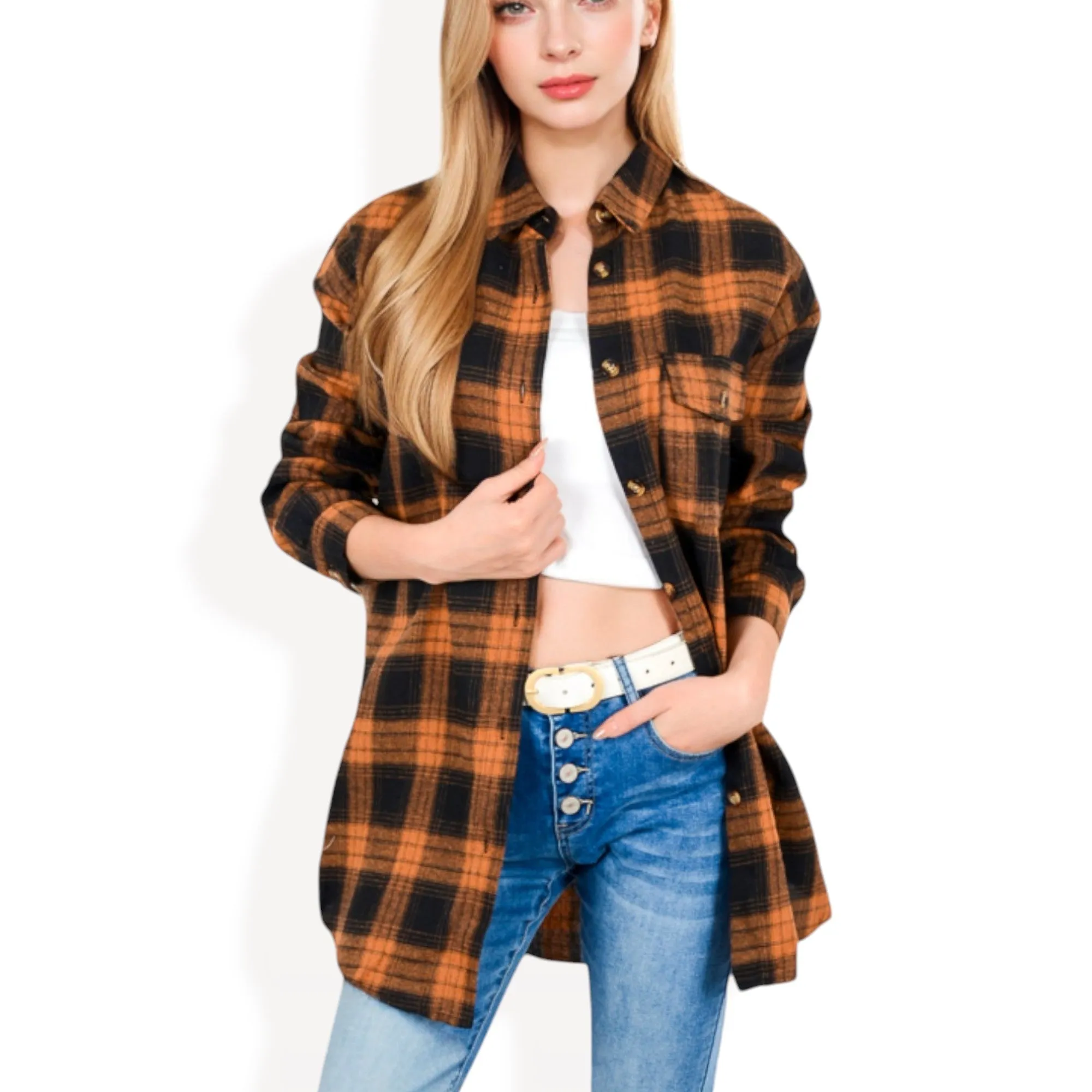 Anna-Kaci Women's Long Sleeve Plaid Button-Up Shirt Jacket with Collared Neckline