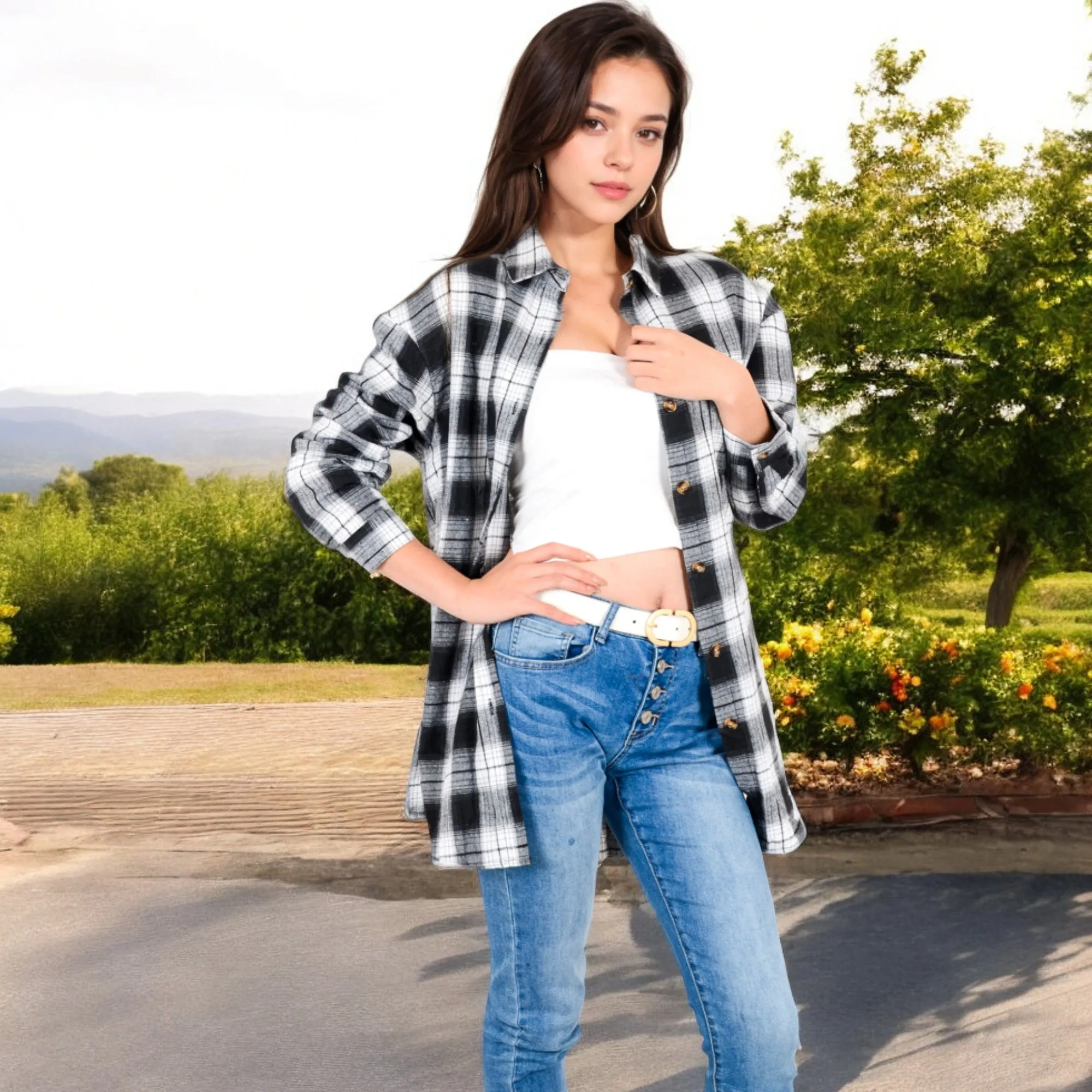 Anna-Kaci Women's Long Sleeve Plaid Button-Up Shirt Jacket with Collared Neckline
