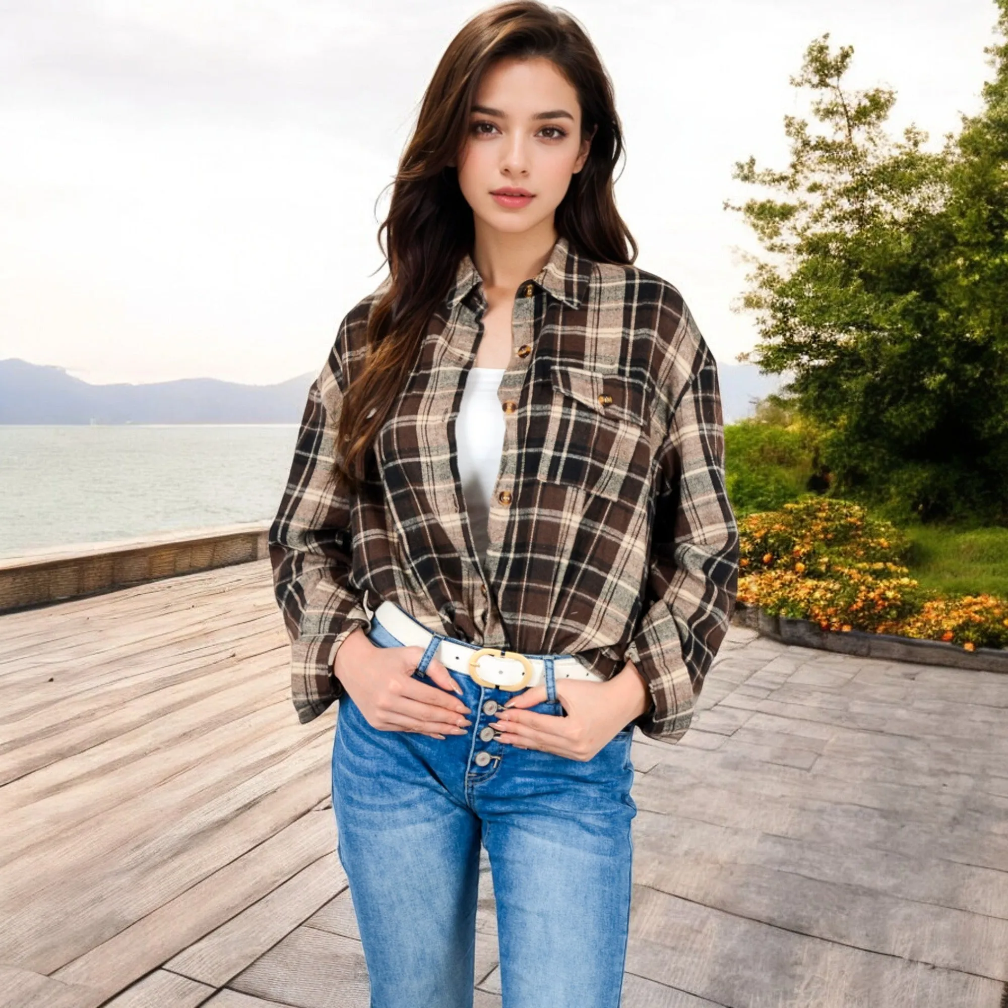 Anna-Kaci Women's Long Sleeve Plaid Button-Up Shirt Jacket with Collared Neckline