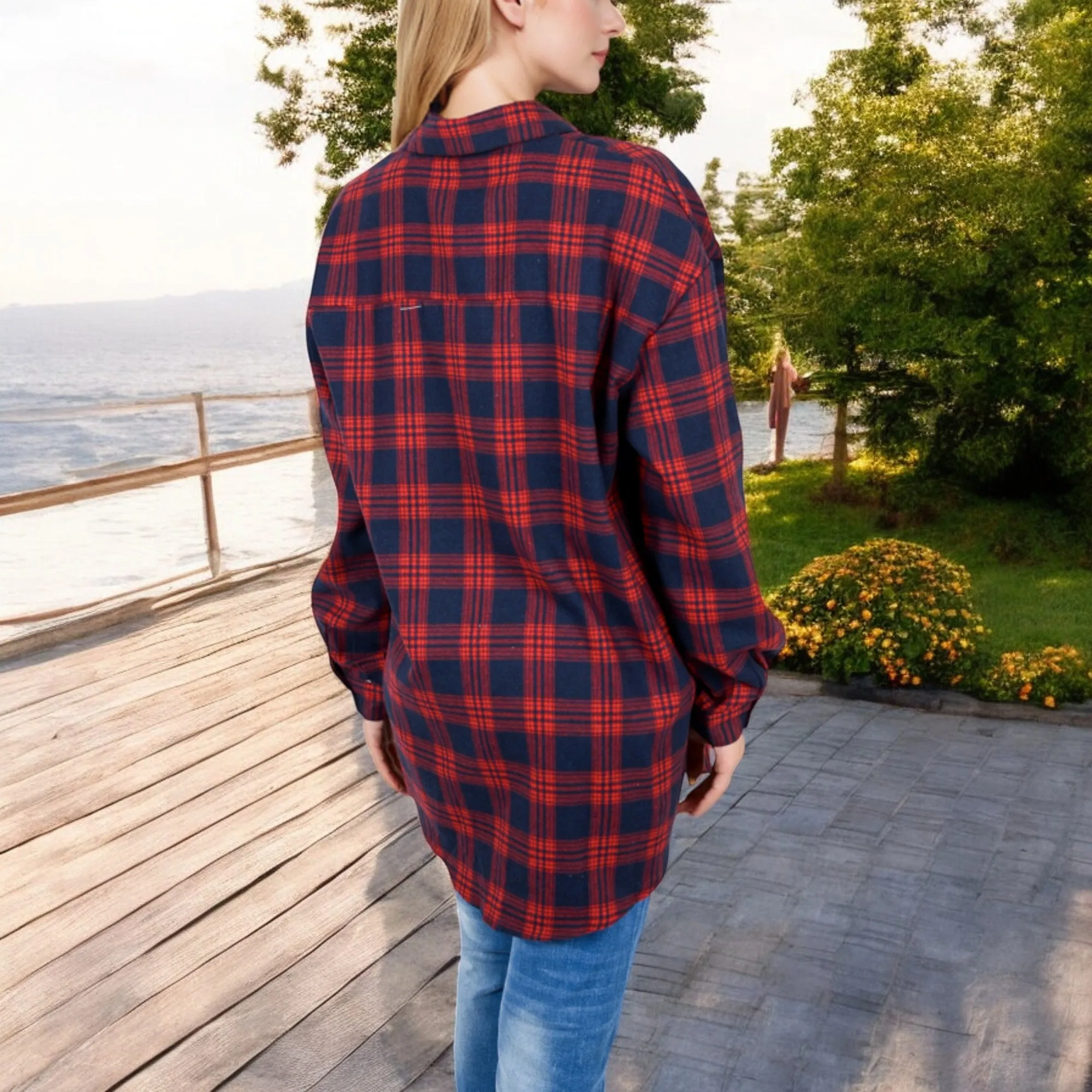 Anna-Kaci Women's Long Sleeve Plaid Button-Up Shirt Jacket with Collared Neckline