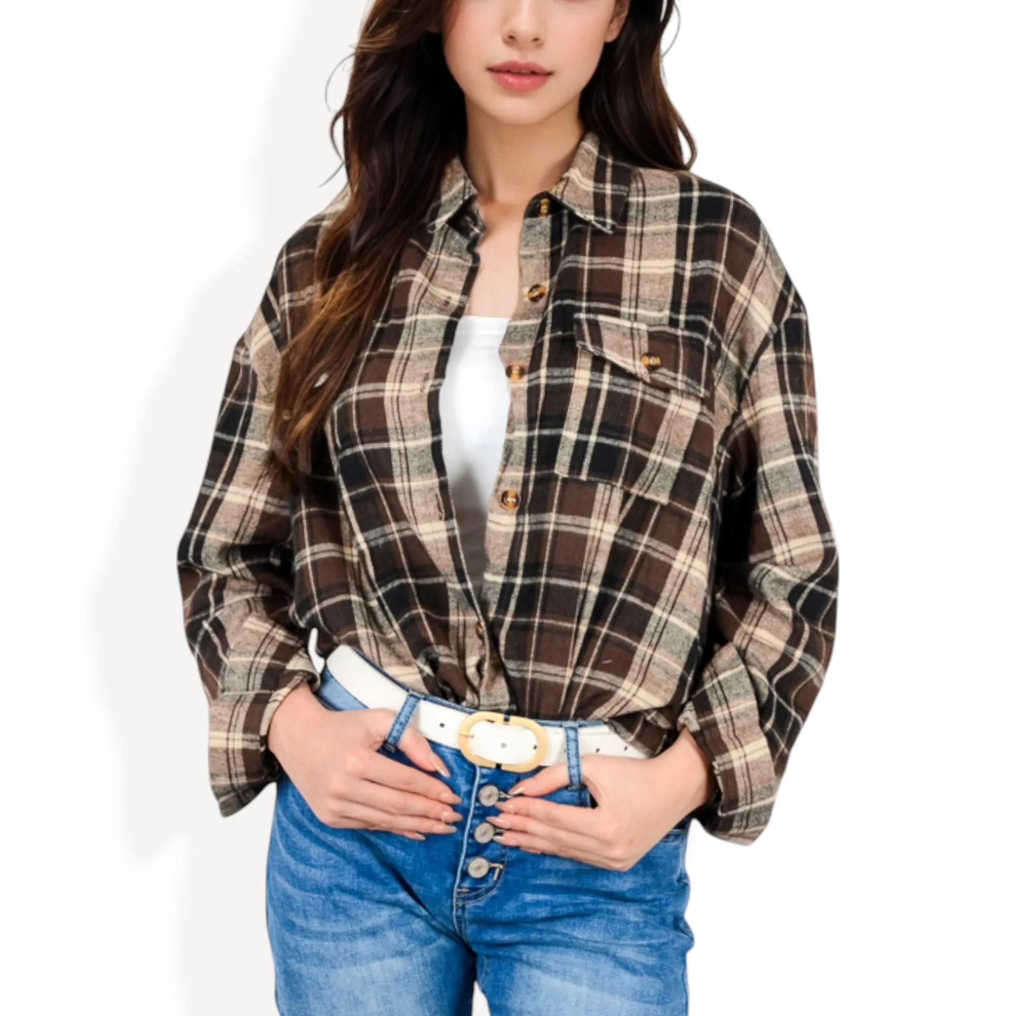 Anna-Kaci Women's Long Sleeve Plaid Button-Up Shirt Jacket with Collared Neckline