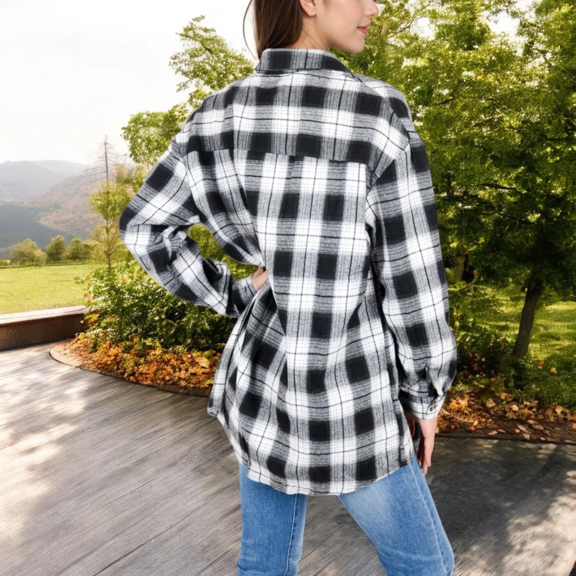 Anna-Kaci Women's Long Sleeve Plaid Button-Up Shirt Jacket with Collared Neckline