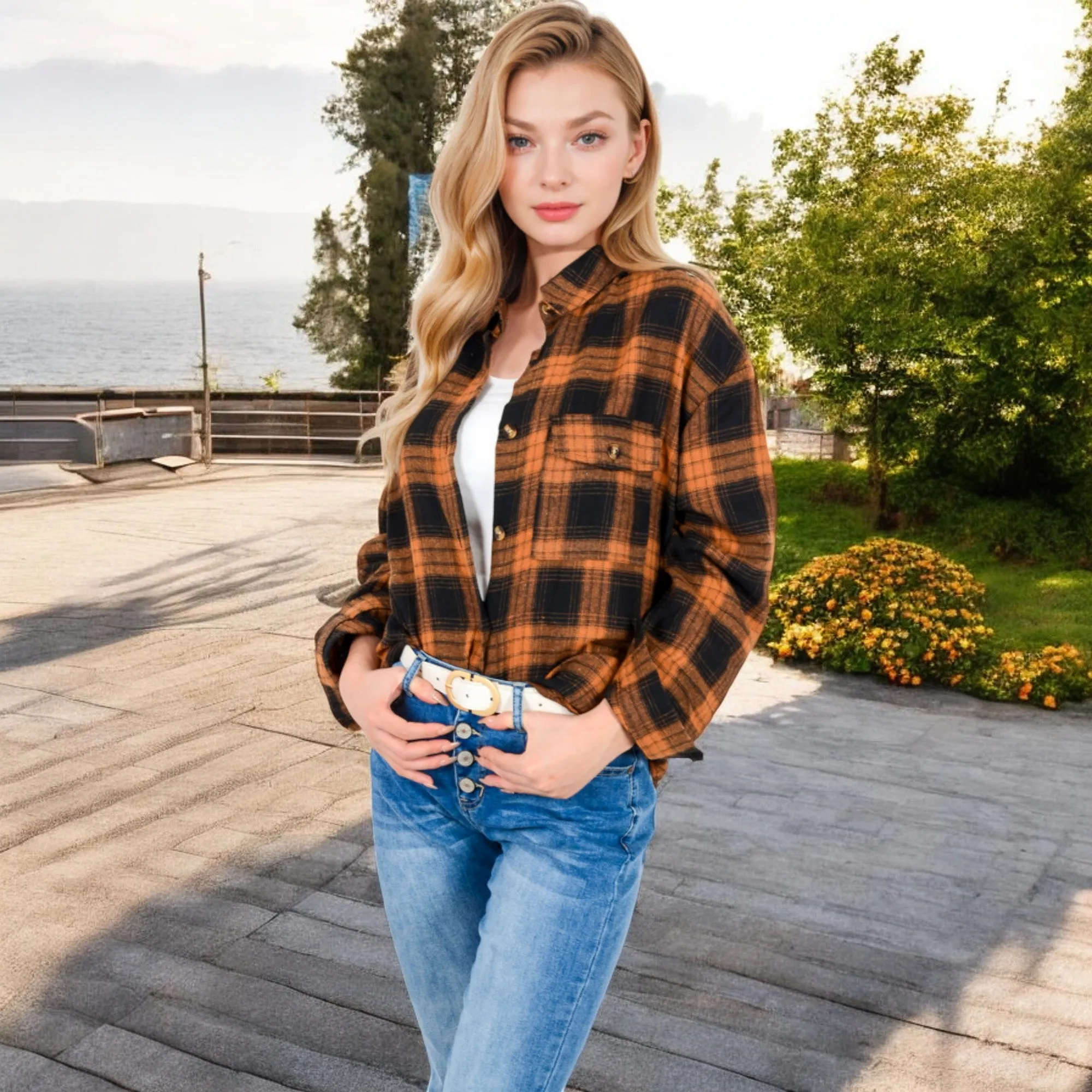 Anna-Kaci Women's Long Sleeve Plaid Button-Up Shirt Jacket with Collared Neckline