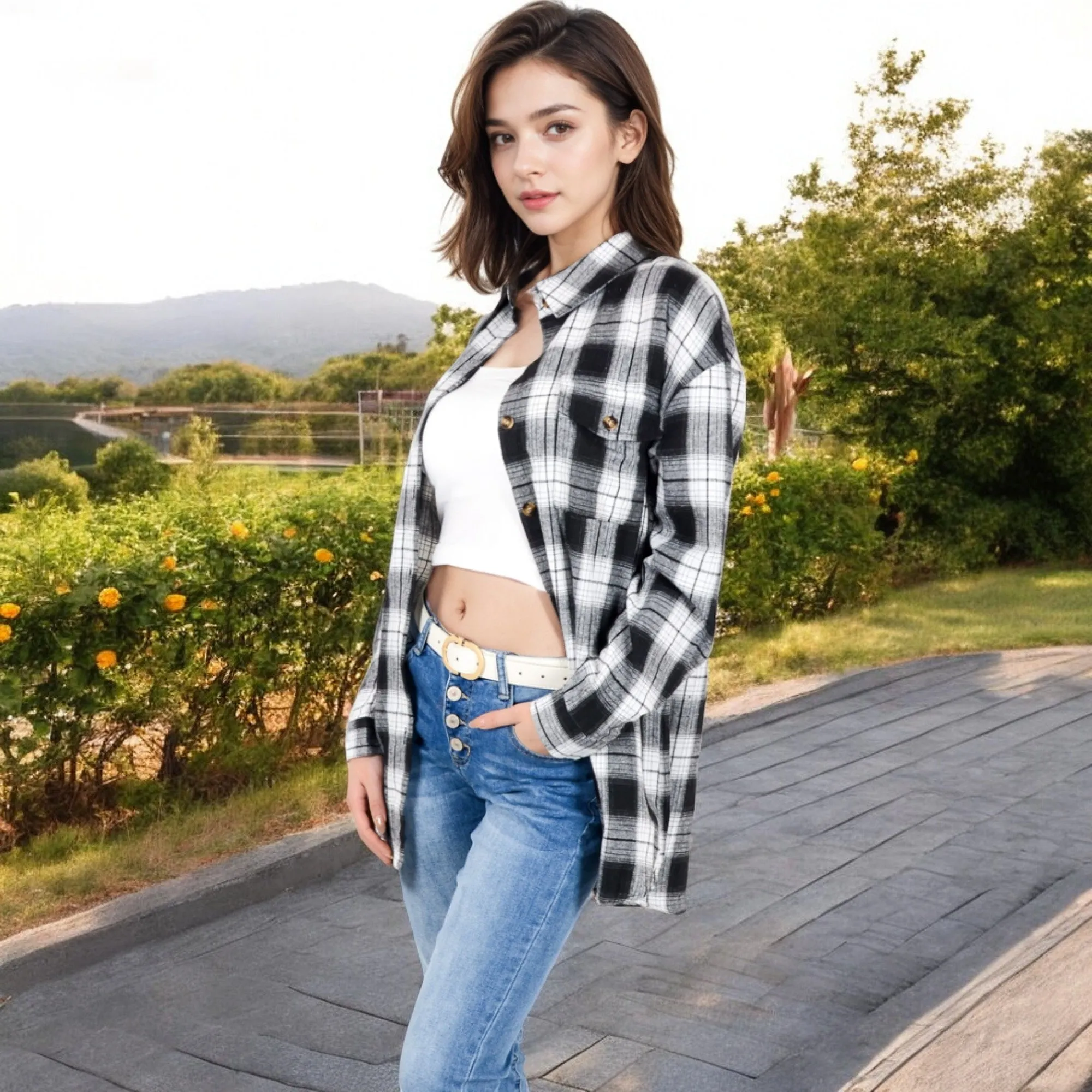 Anna-Kaci Women's Long Sleeve Plaid Button-Up Shirt Jacket with Collared Neckline