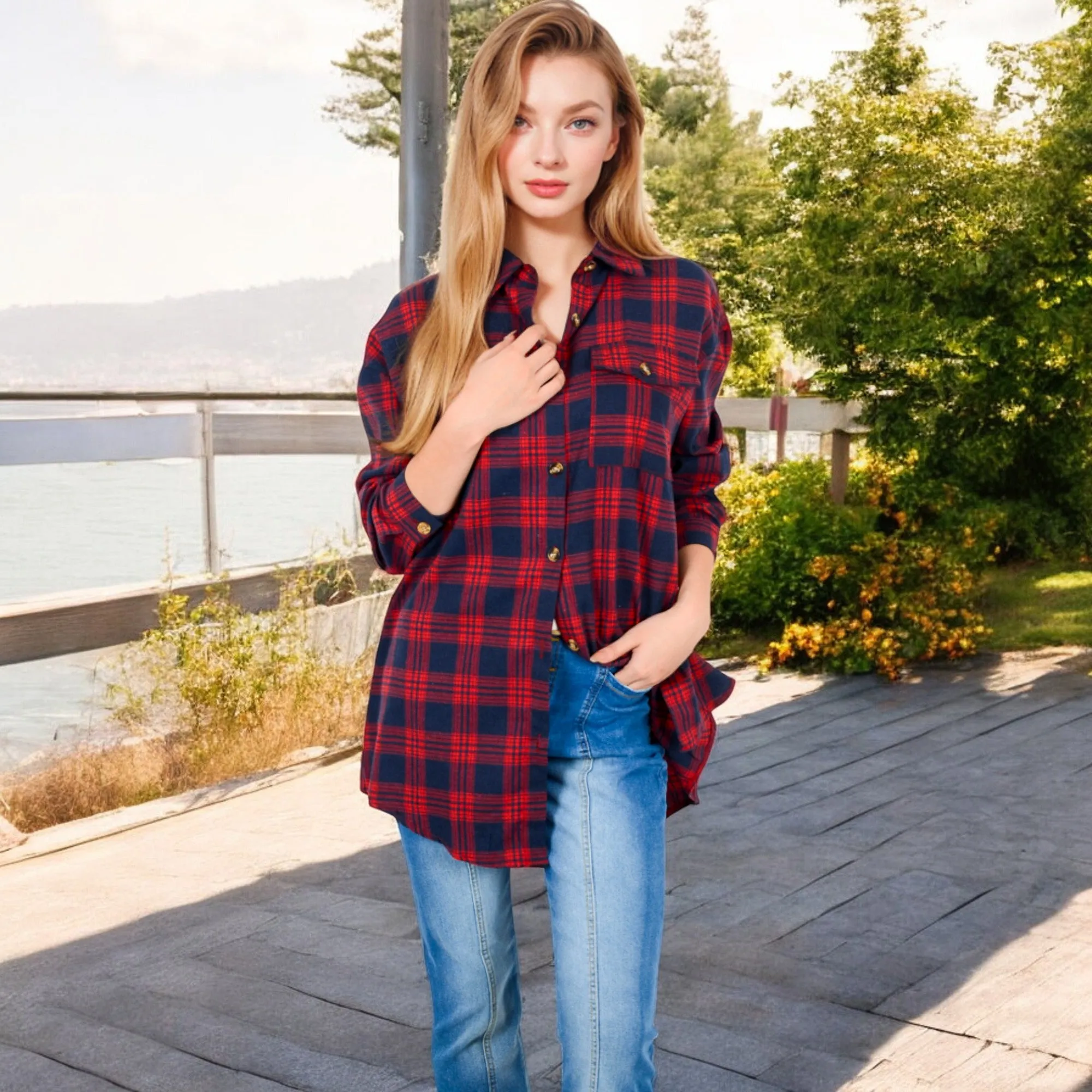 Anna-Kaci Women's Long Sleeve Plaid Button-Up Shirt Jacket with Collared Neckline