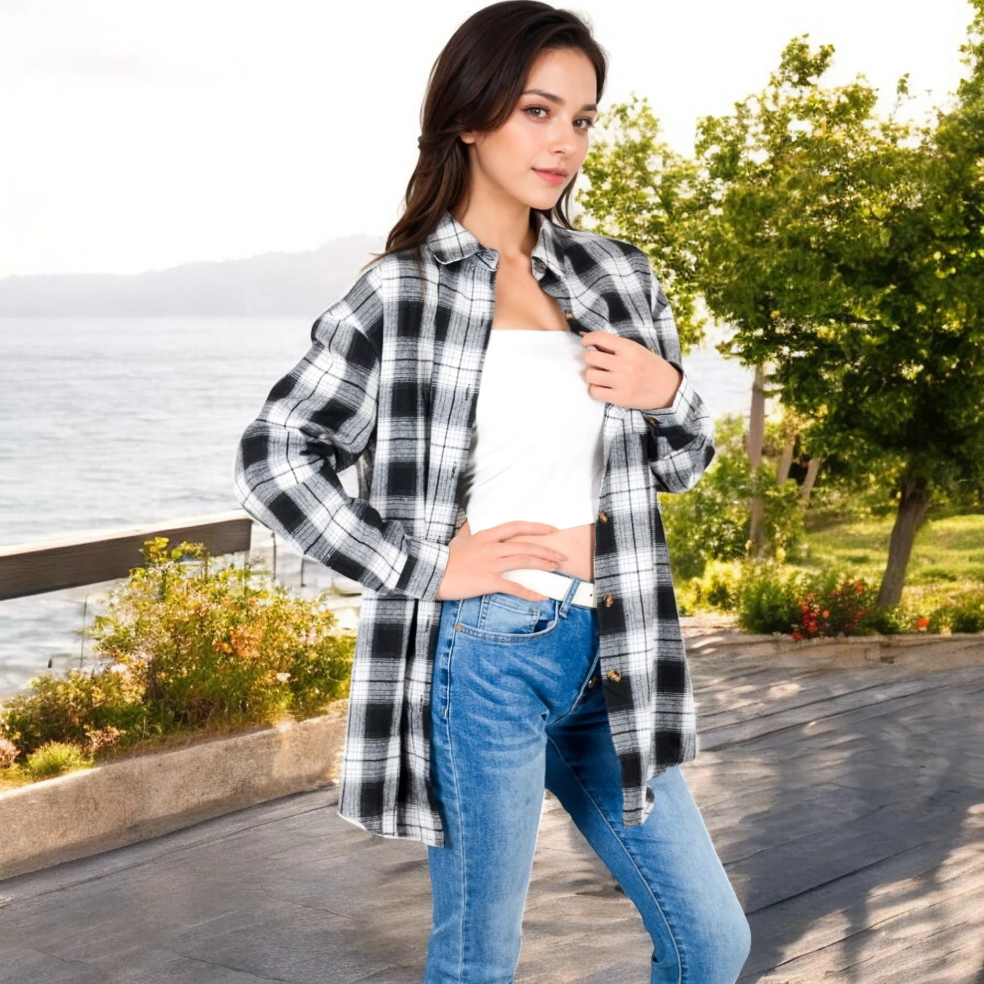 Anna-Kaci Women's Long Sleeve Plaid Button-Up Shirt Jacket with Collared Neckline