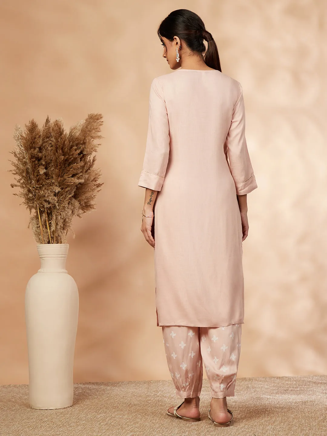 Beige Printed Gathered Straight Kurta Set