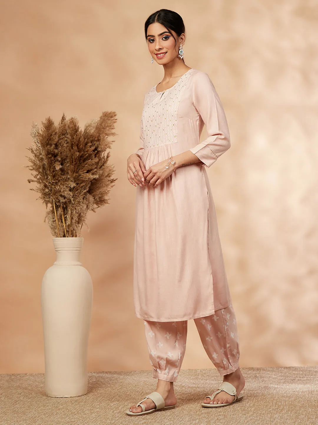 Beige Printed Gathered Straight Kurta Set