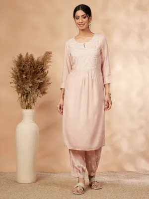 Beige Printed Gathered Straight Kurta Set