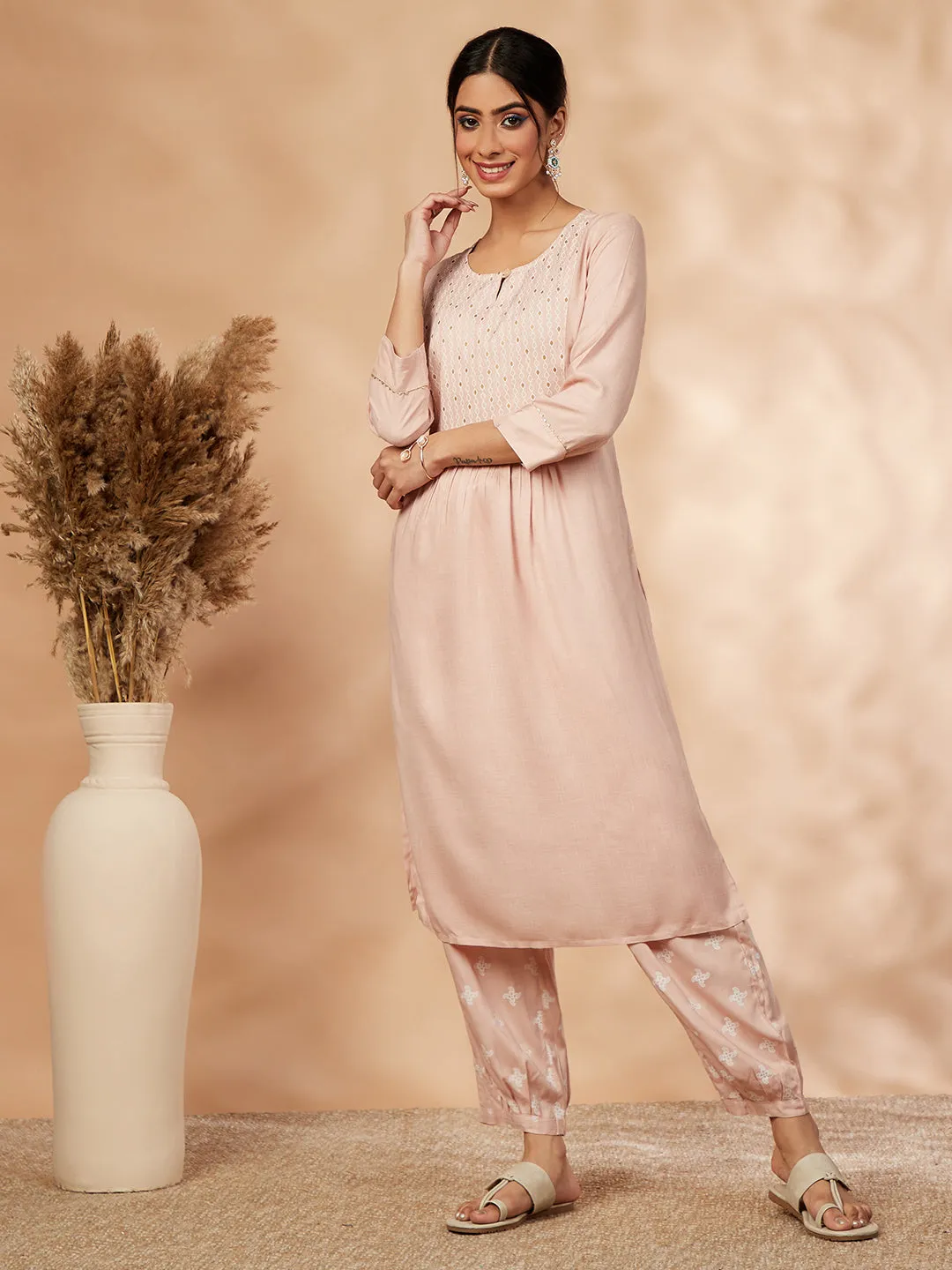 Beige Printed Gathered Straight Kurta Set