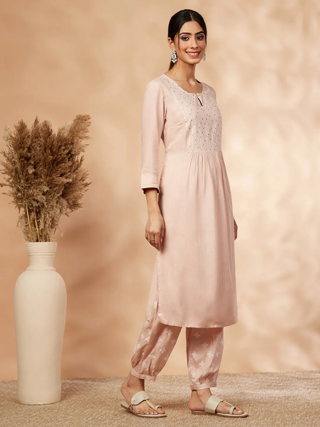 Beige Printed Gathered Straight Kurta Set