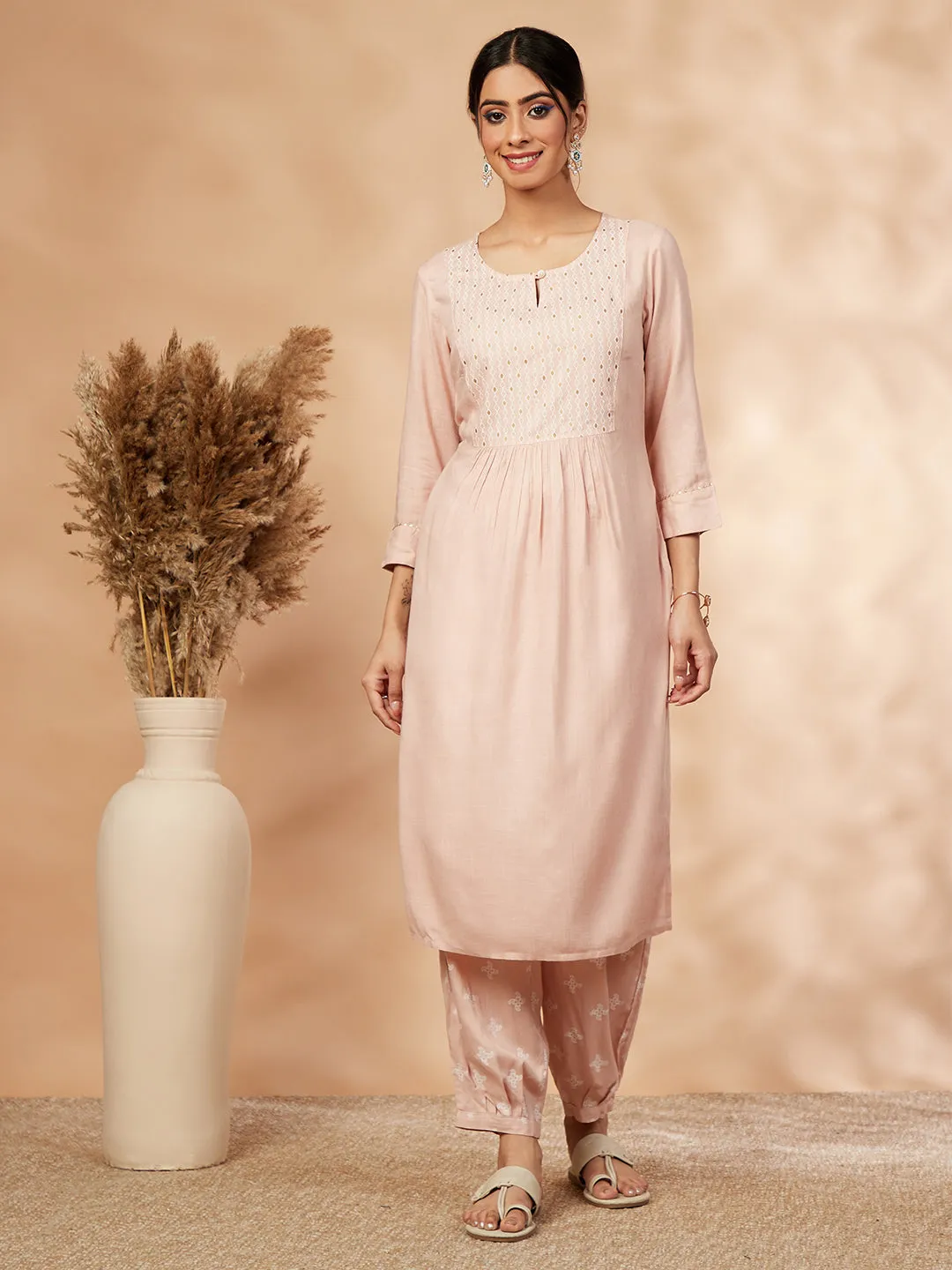 Beige Printed Gathered Straight Kurta Set
