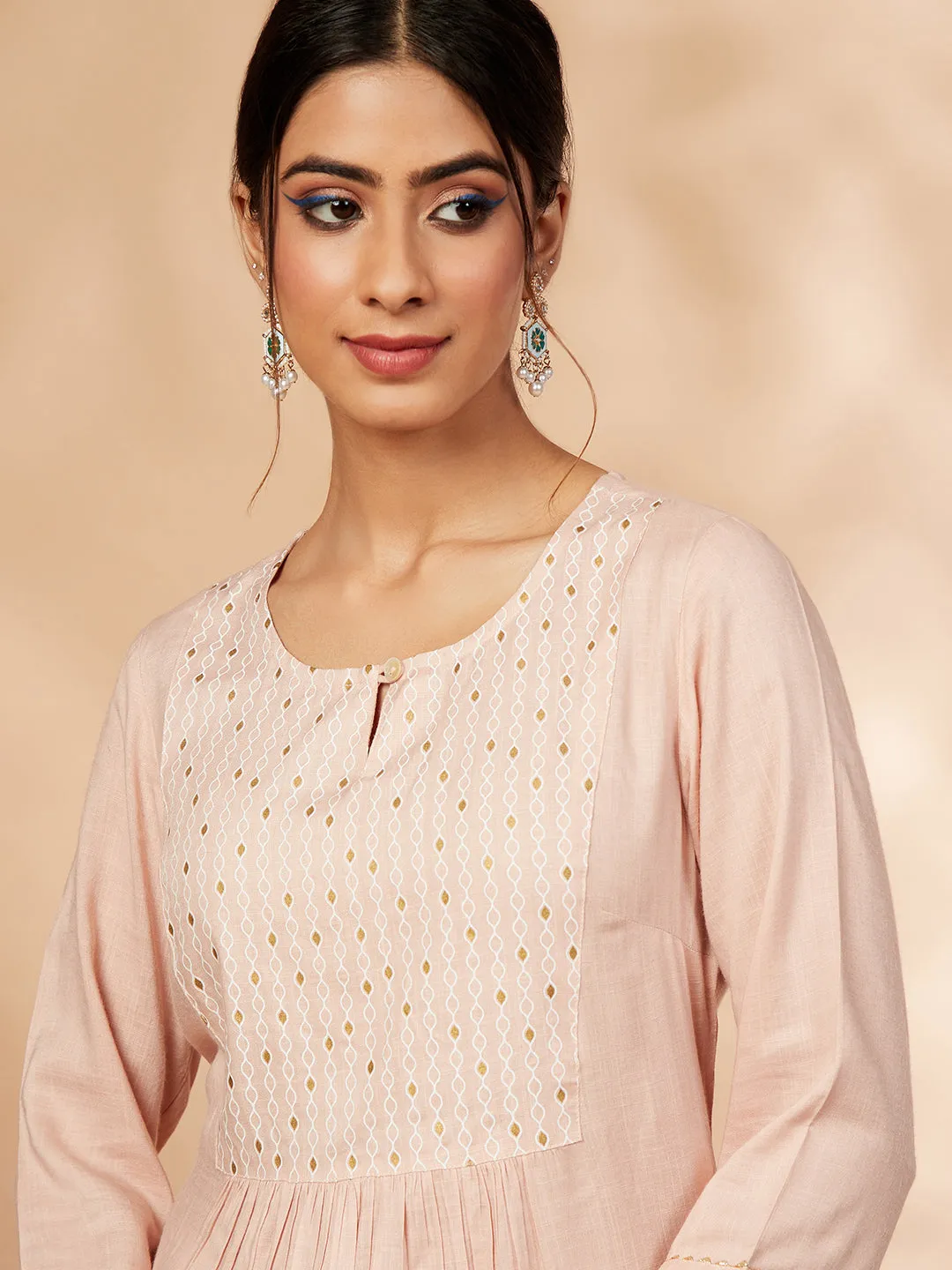 Beige Printed Gathered Straight Kurta Set
