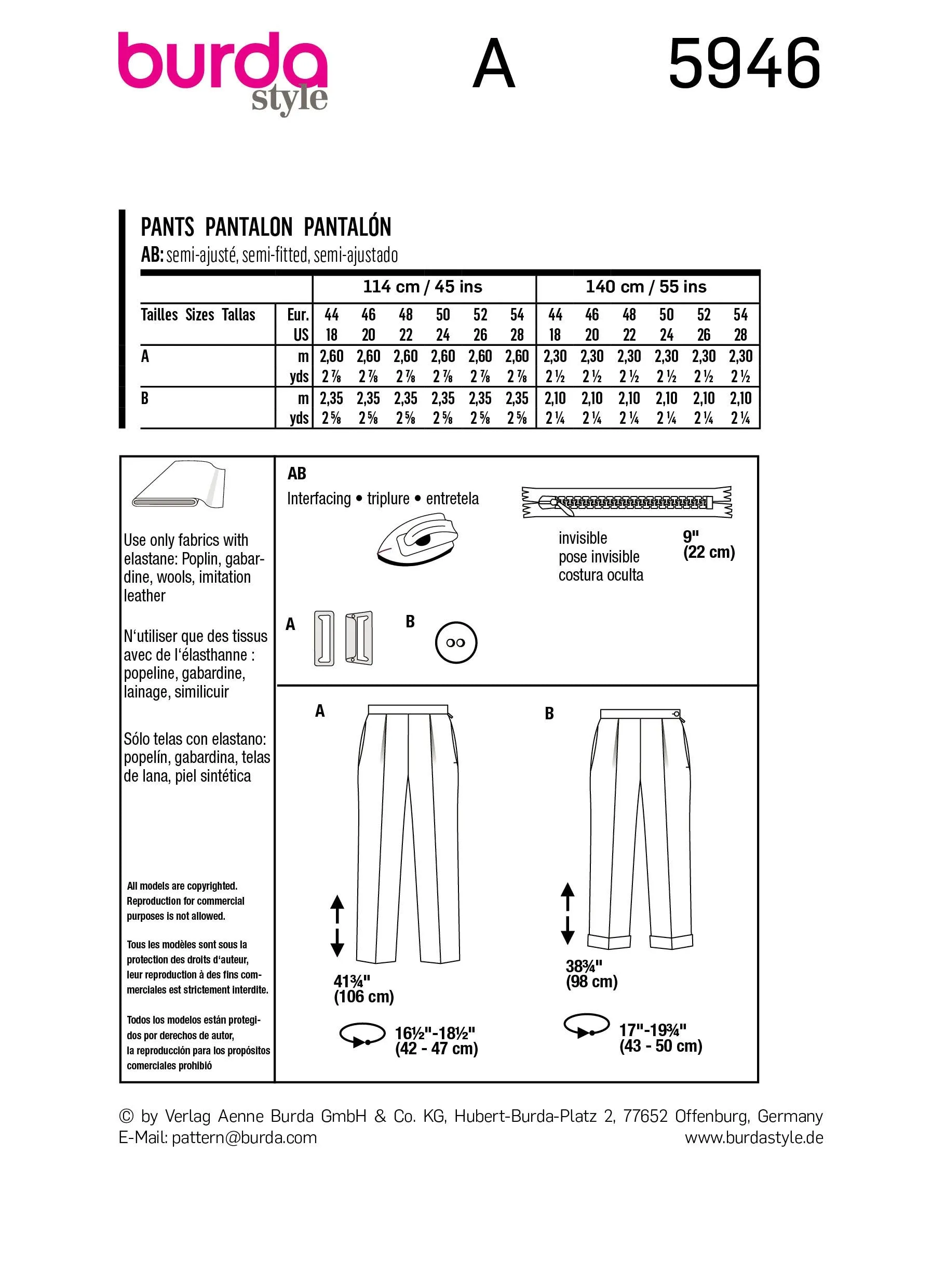 Burda - 5946  Trousers Plus