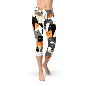 Cat-Themed Women’s Capri Leggings with Eye-Catching All-Over Design