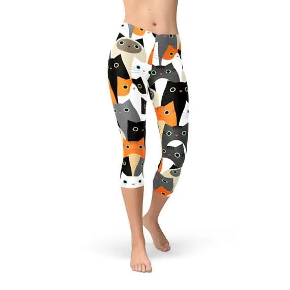 Cat-Themed Women’s Capri Leggings with Eye-Catching All-Over Design