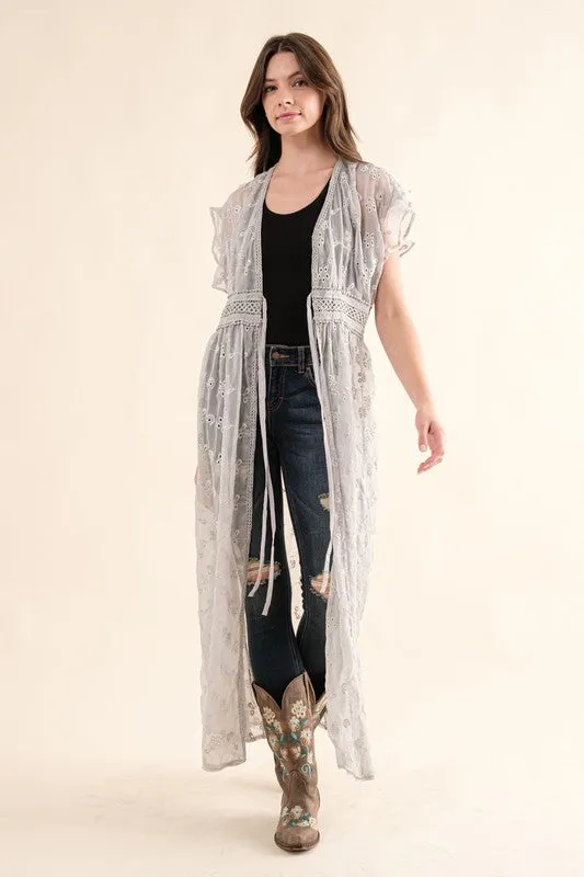 Chiffon Embroidery Lace Kimono Duster Cardigan