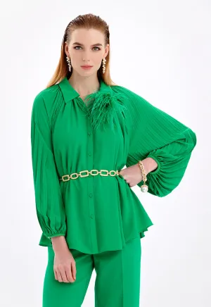 Choice Solid Shirt With Pleated Details Green