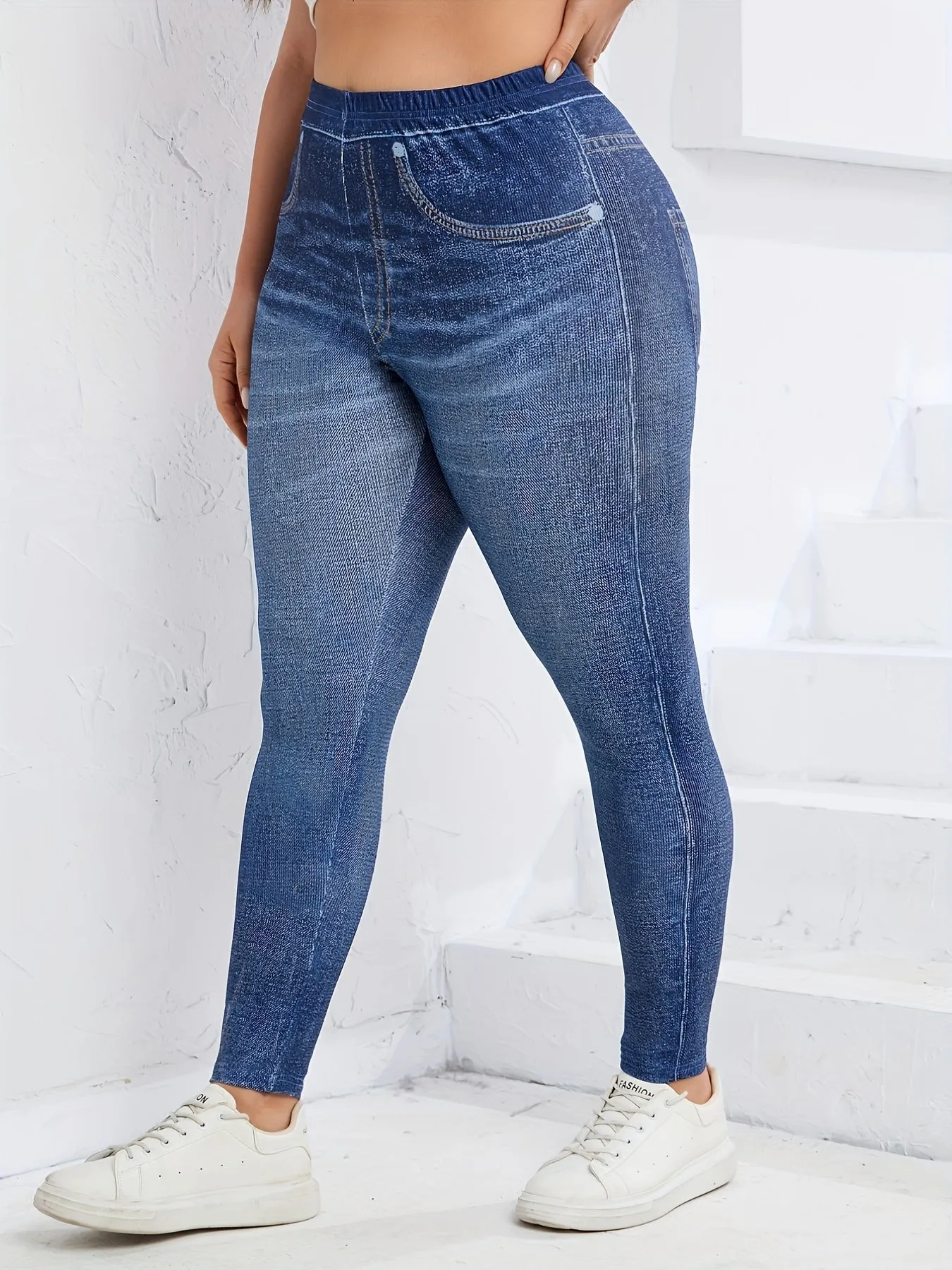 Contemporary Comfort Women's Plus Blue Faux Denim Print High Waist Sports Leggings