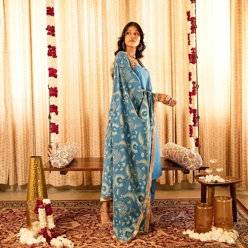 Cotton Kurta Set For Women | Kurta, Pant & Printed Dupatta | Sleeveless | Blue