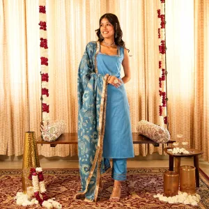 Cotton Kurta Set For Women | Kurta, Pant & Printed Dupatta | Sleeveless | Blue