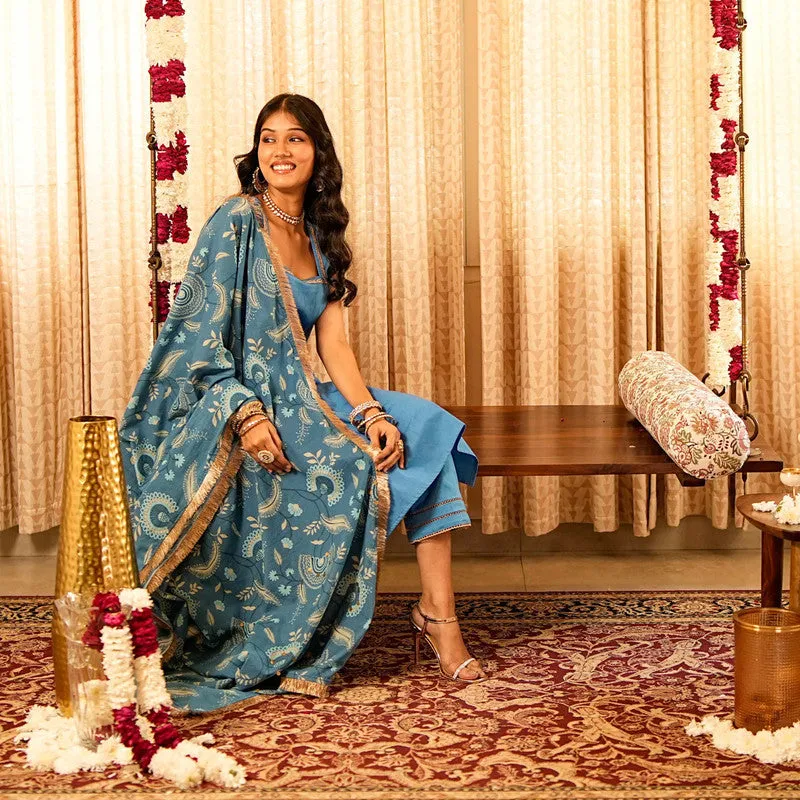 Cotton Kurta Set For Women | Kurta, Pant & Printed Dupatta | Sleeveless | Blue