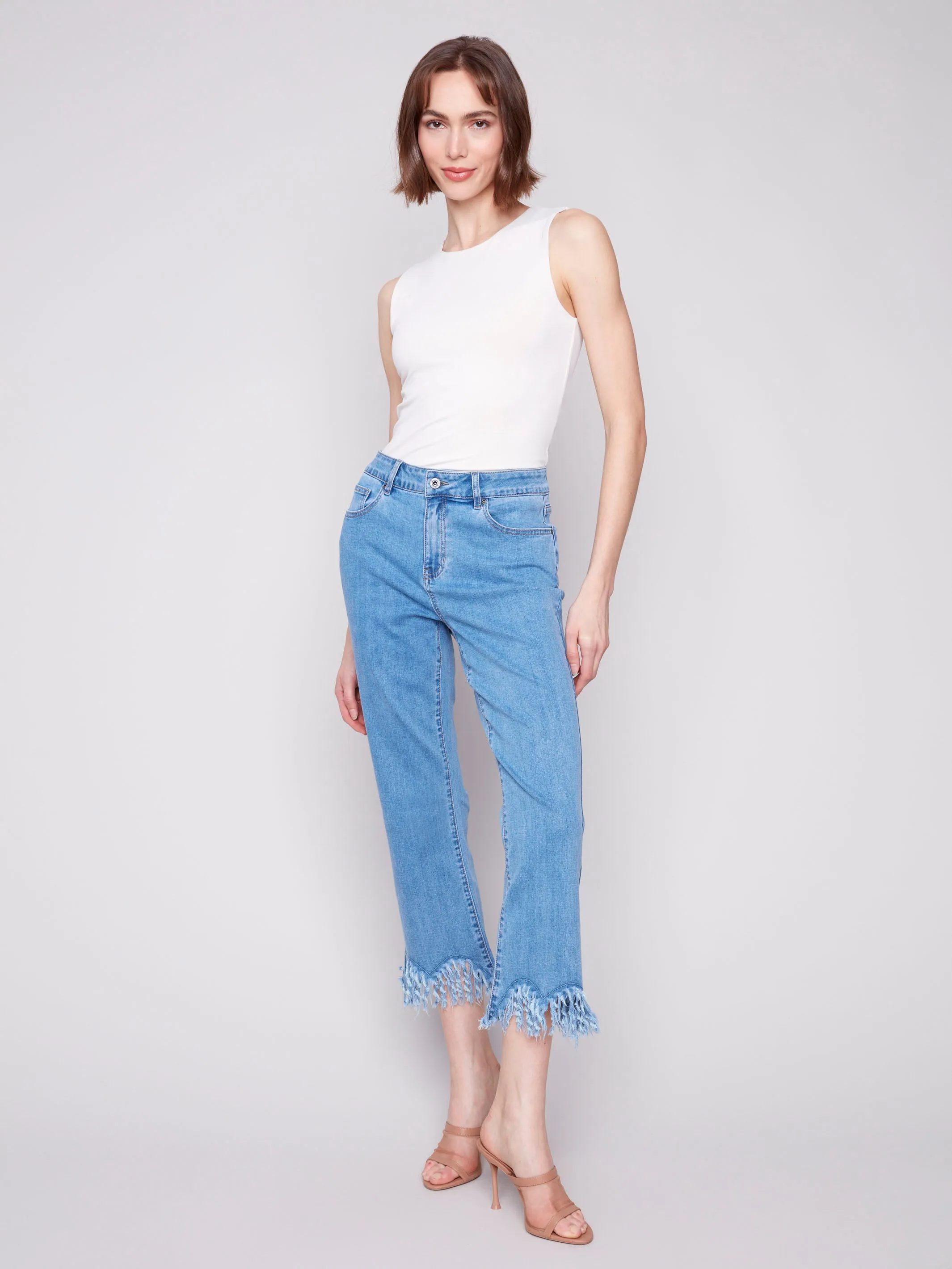 Cropped Jeans With Fringed Hem - Blue Jean