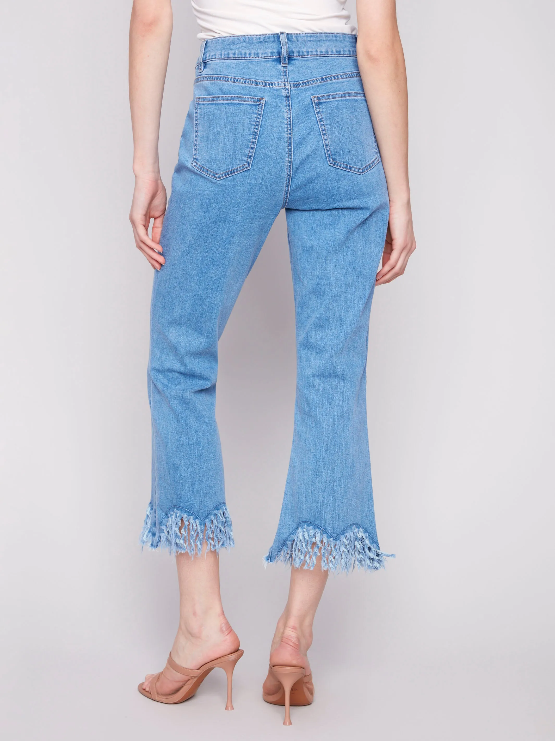 Cropped Jeans With Fringed Hem - Blue Jean