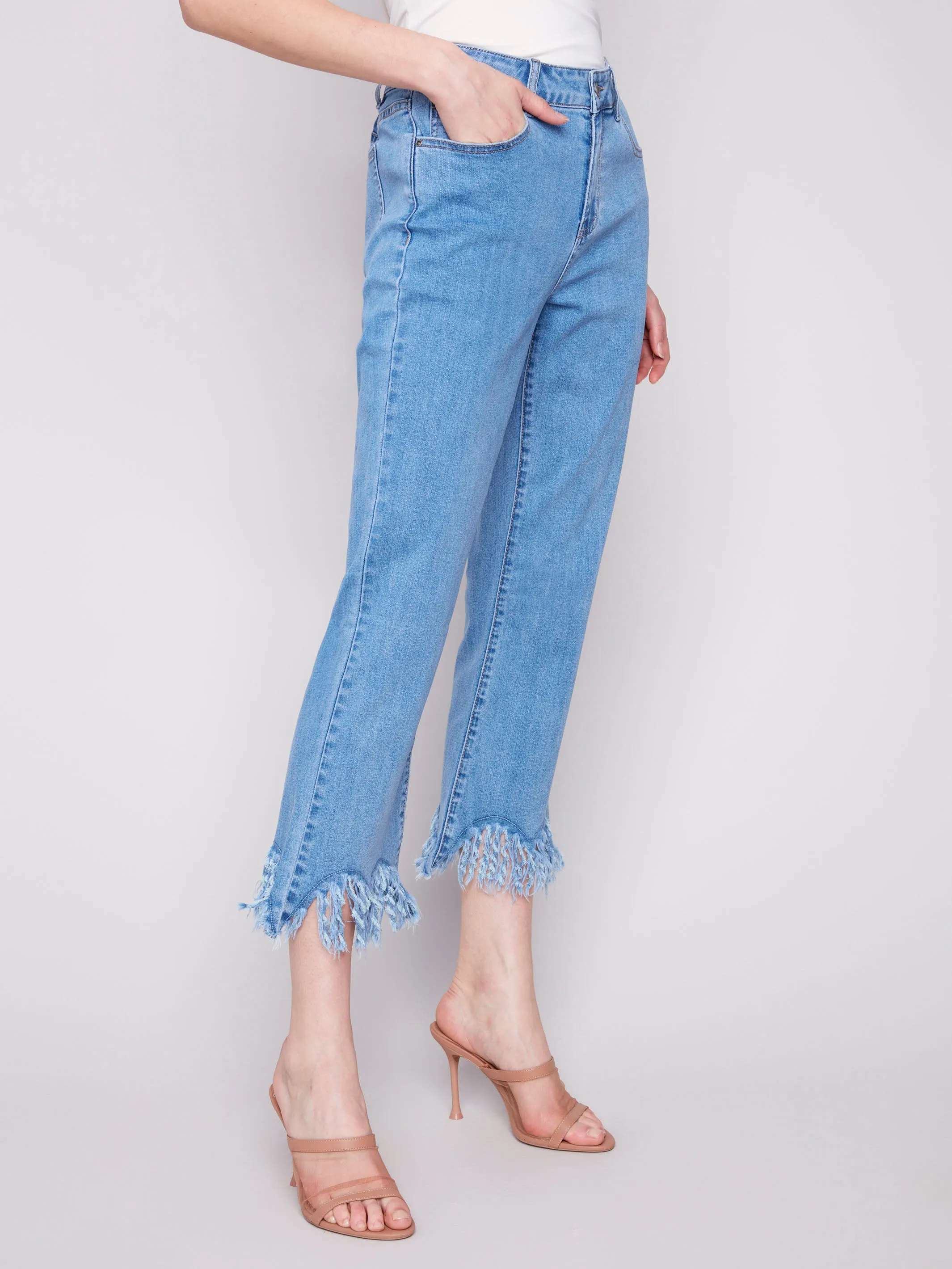 Cropped Jeans With Fringed Hem - Blue Jean