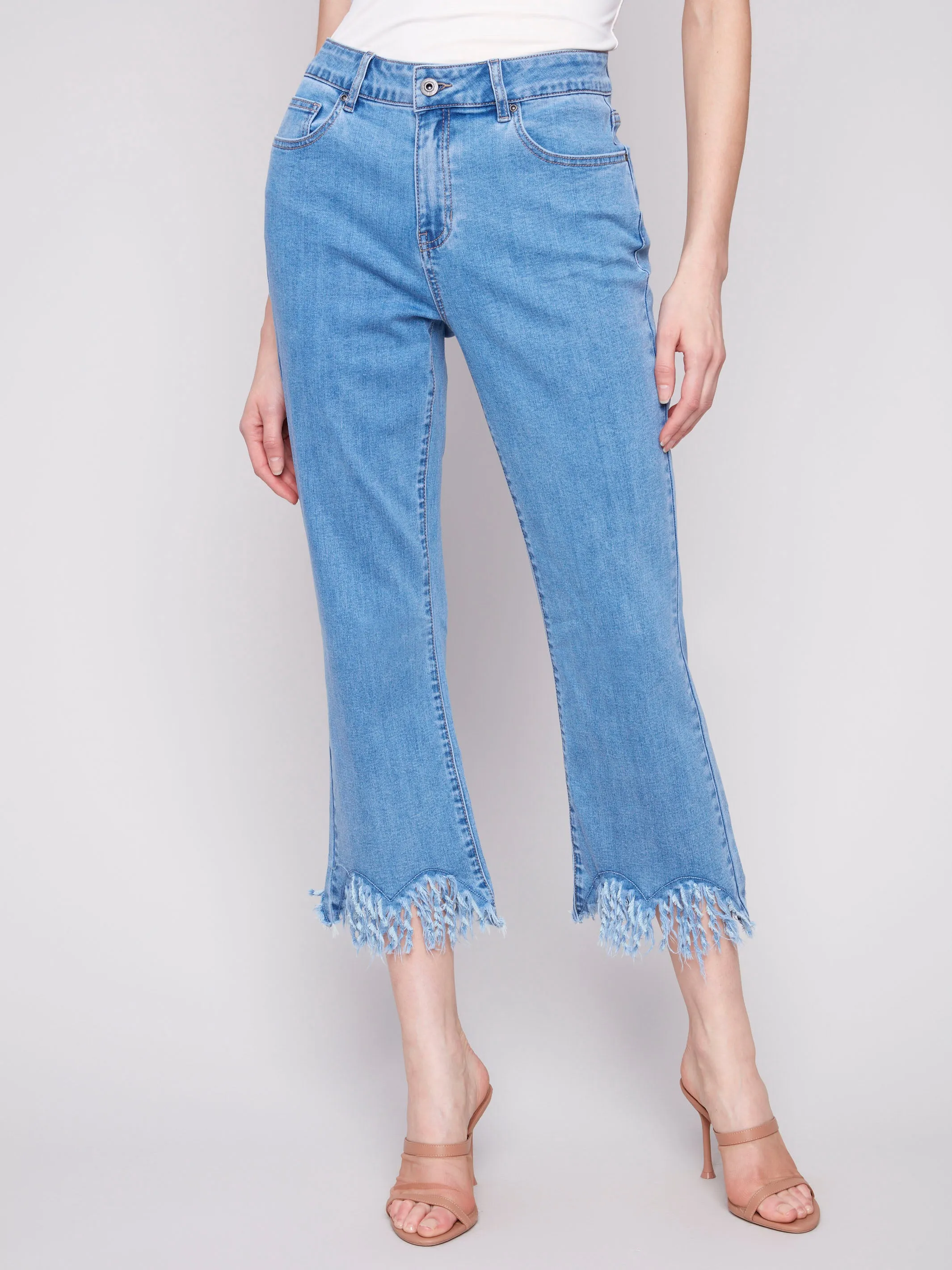 Cropped Jeans With Fringed Hem - Blue Jean
