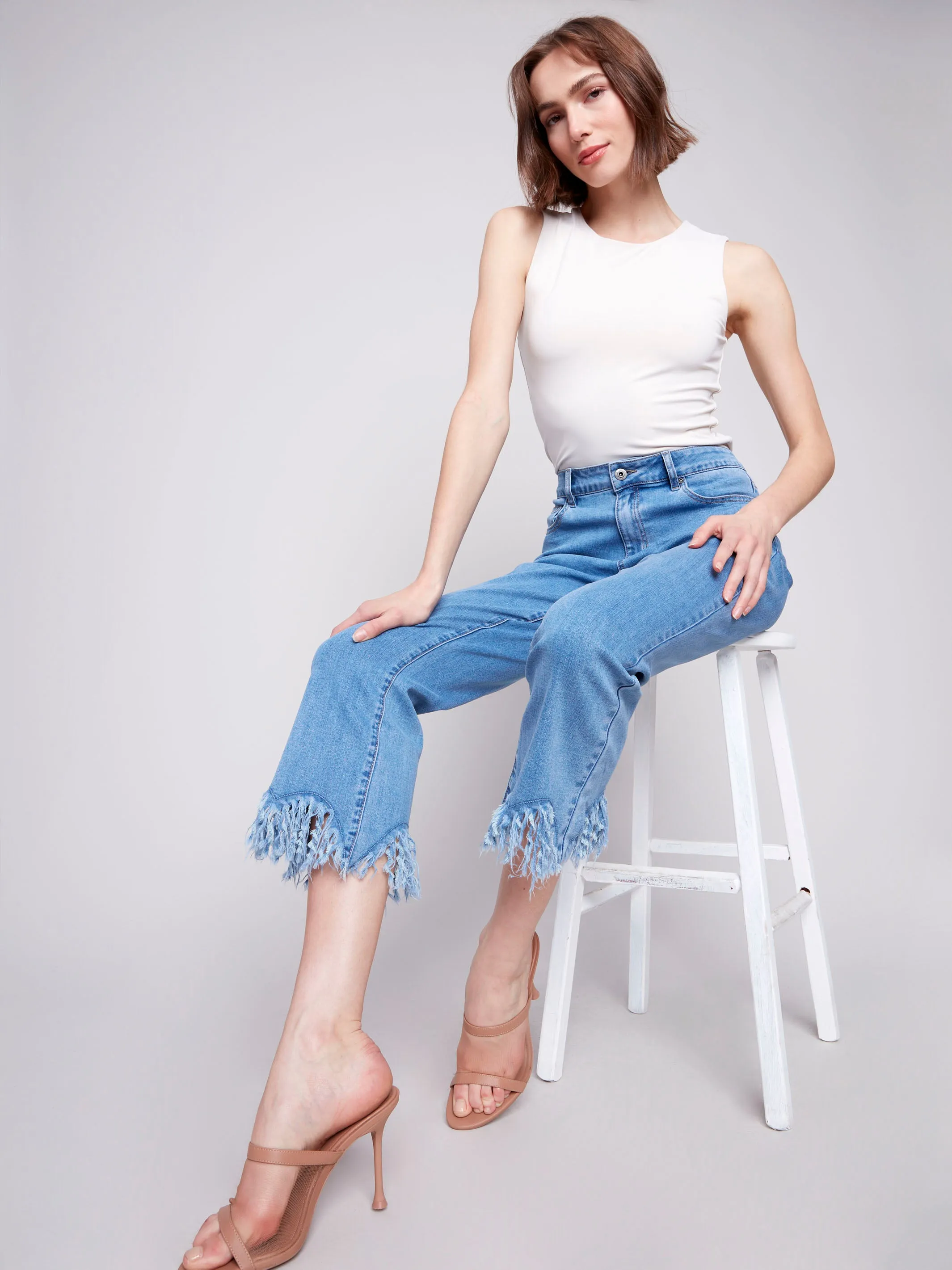 Cropped Jeans With Fringed Hem - Blue Jean