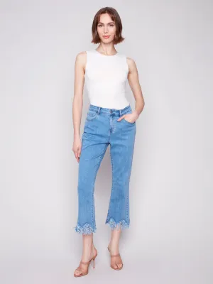 Cropped Jeans With Fringed Hem - Blue Jean