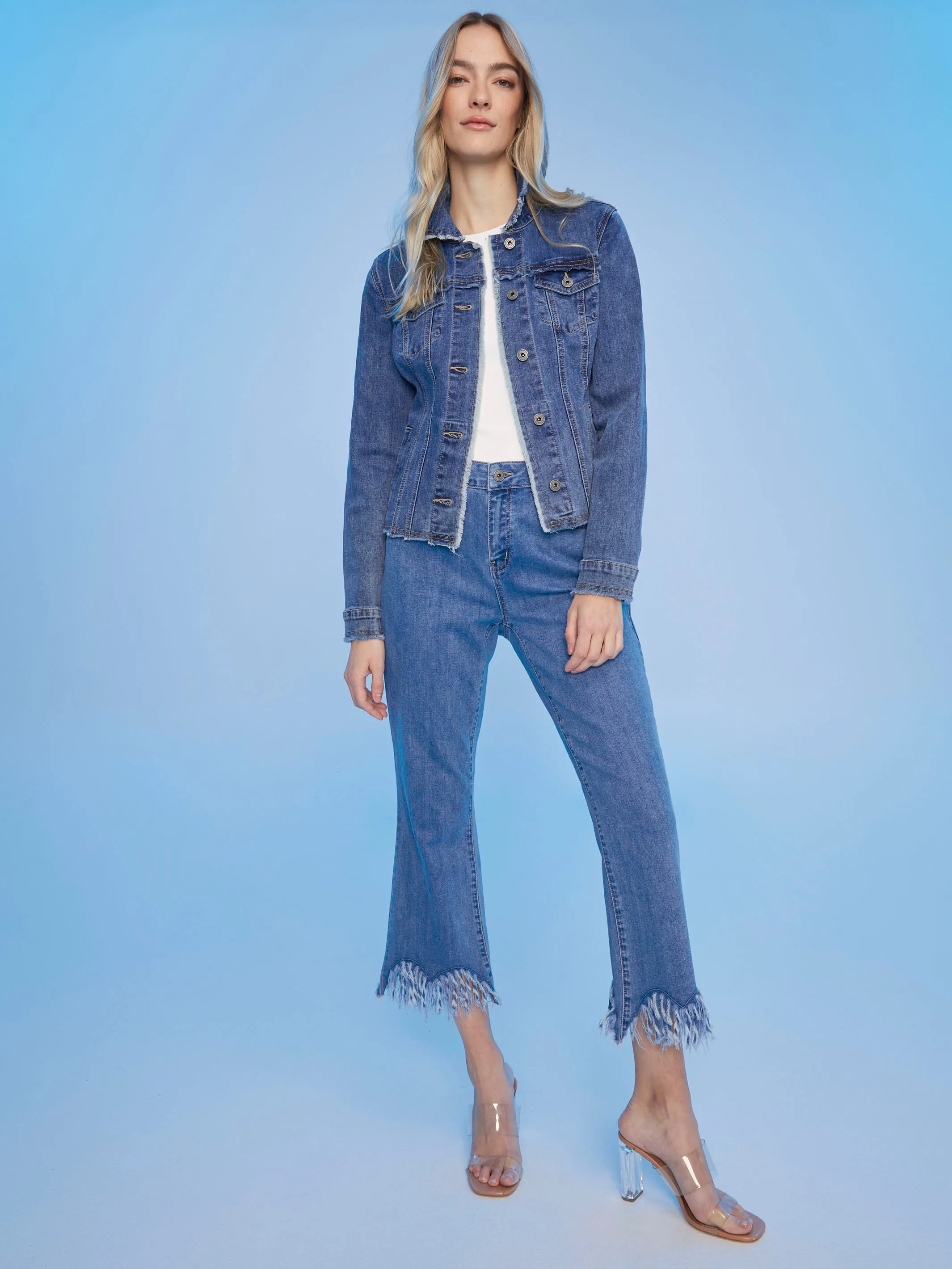 Cropped Jeans With Fringed Hem - Blue Jean
