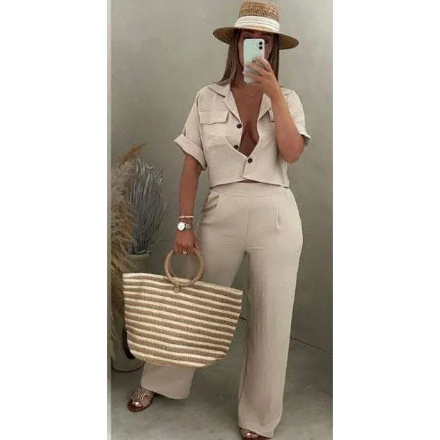 Elegant Short Sleeve button Shirt and Pants Set.