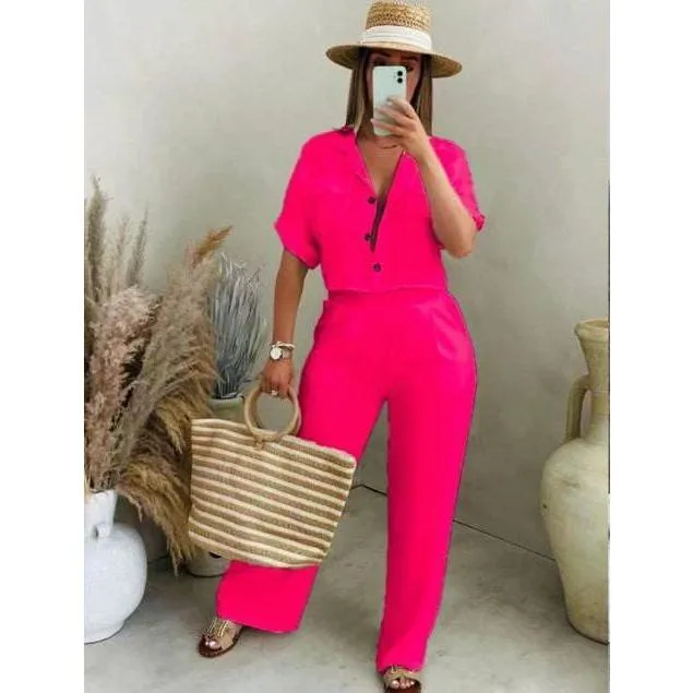 Elegant Short Sleeve button Shirt and Pants Set.