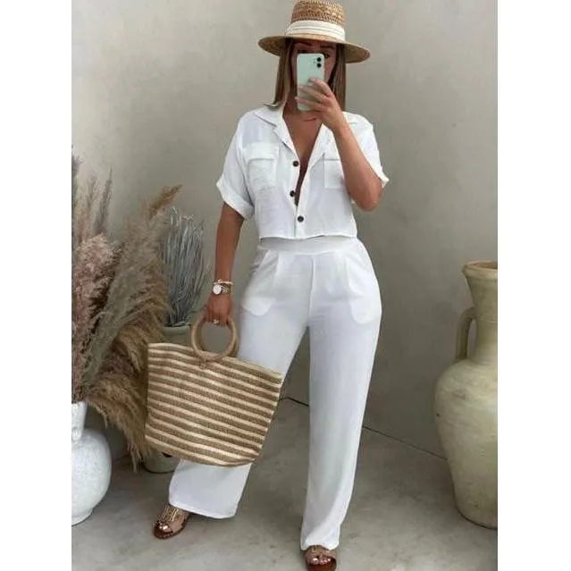 Elegant Short Sleeve button Shirt and Pants Set.