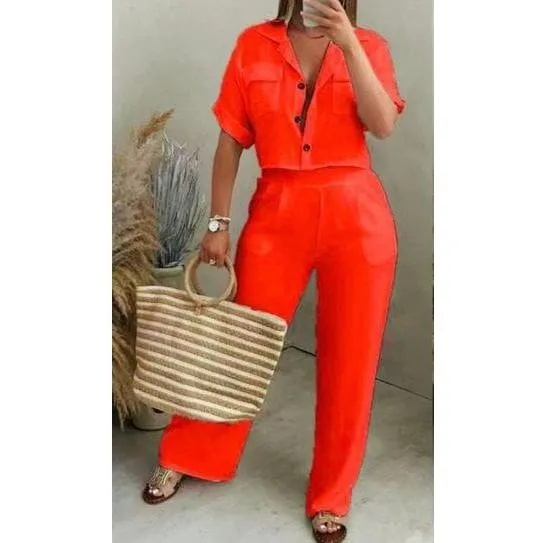 Elegant Short Sleeve button Shirt and Pants Set.