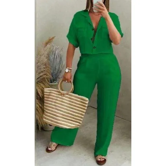 Elegant Short Sleeve button Shirt and Pants Set.
