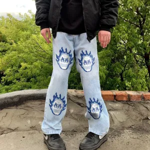 Fashion retro print street denim trousers