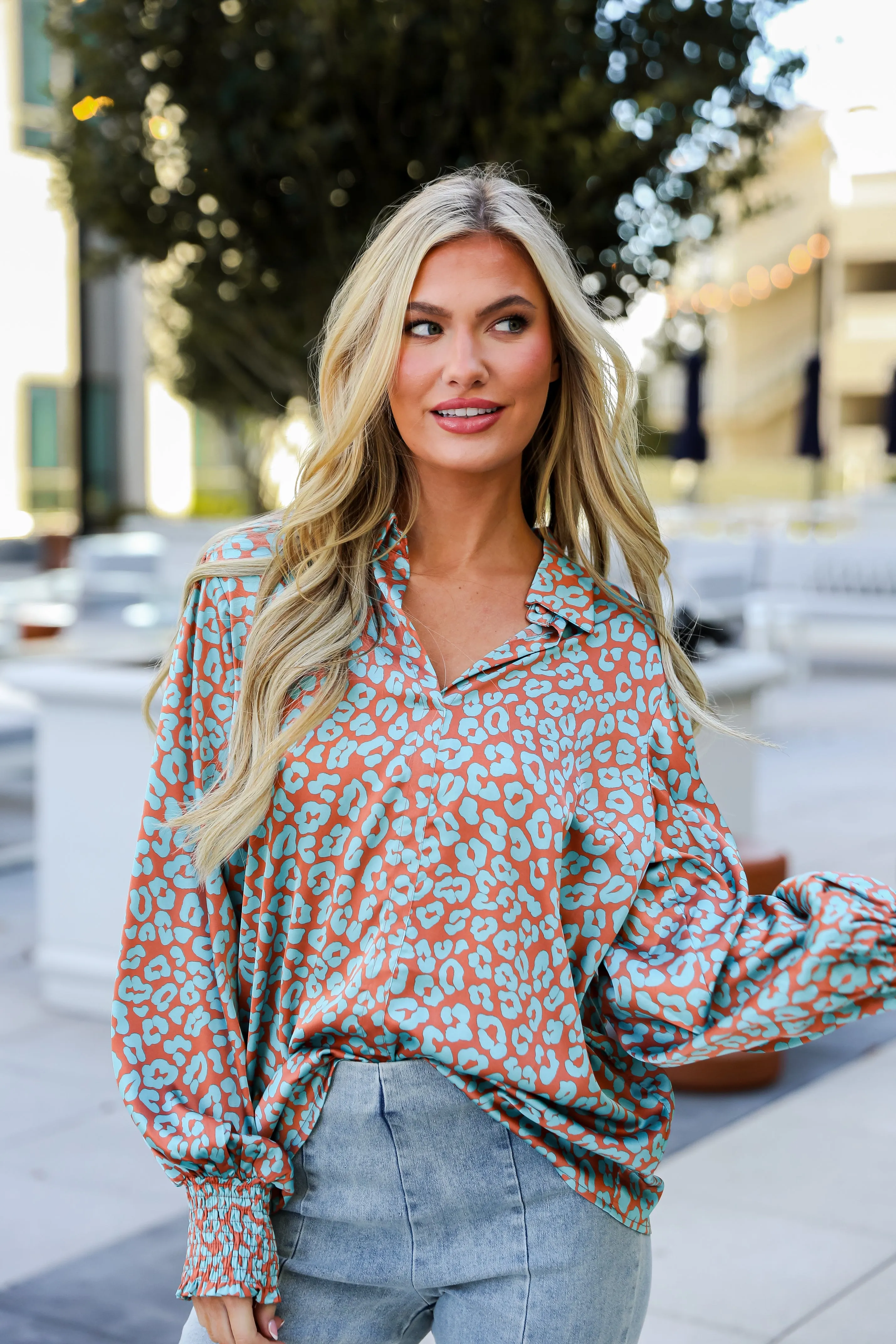 FINAL SALE - Instant Attraction Light Blue Satin Leopard Blouse
